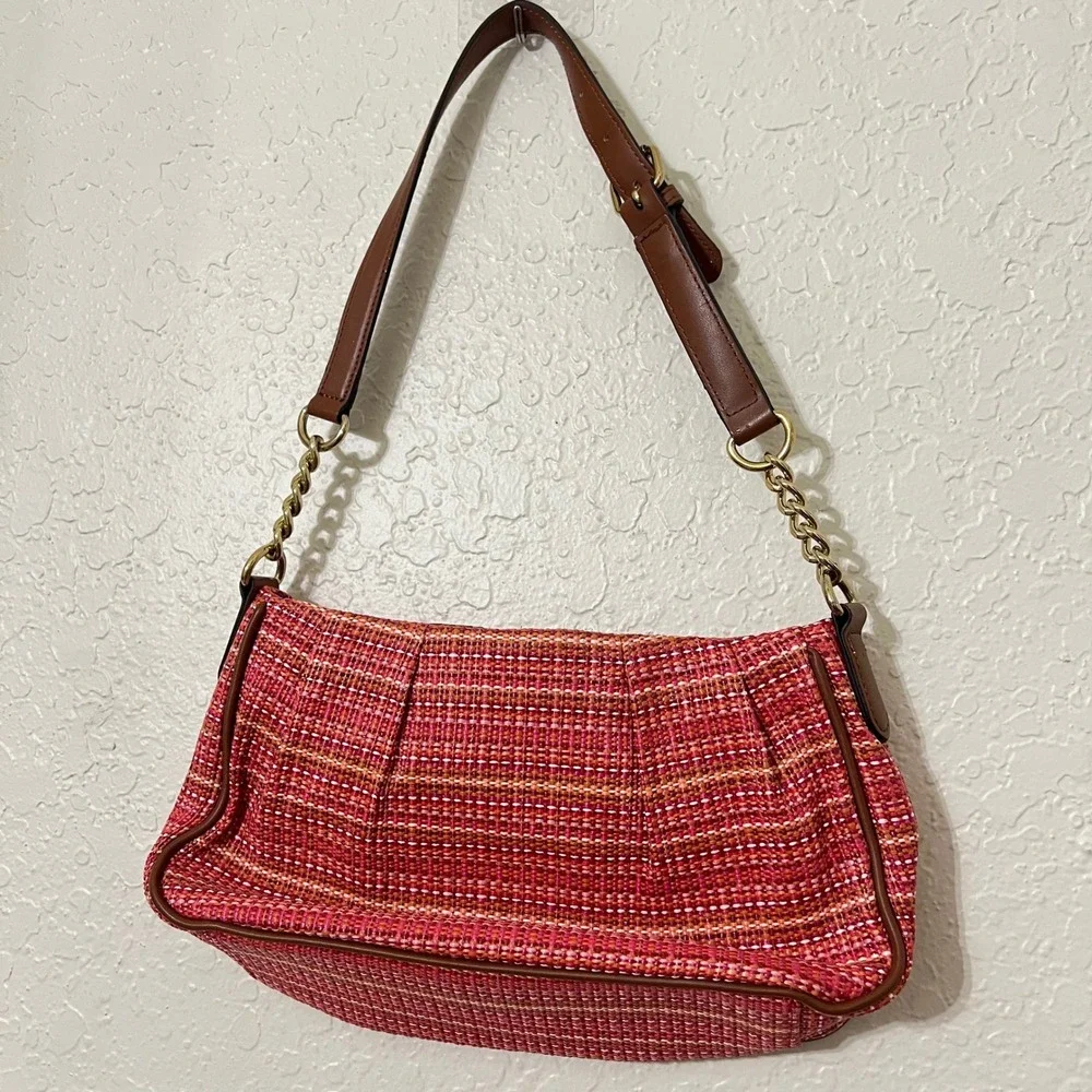 Calvin Klein Pink Woven Tweed Shoulder Bag Gold Chain Accent Preppy Designer